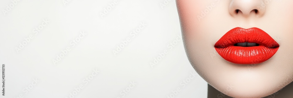 Obraz premium Close up of beautiful plump lips painted with matte lipstick, highlighting the results of lip augmentation or other cosmetology treatment, emphasizing dental care and oral health