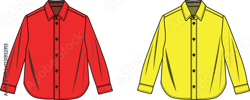 Red and Yellow Long Sleeve Button Down Shirt Fashion Flat Sketch