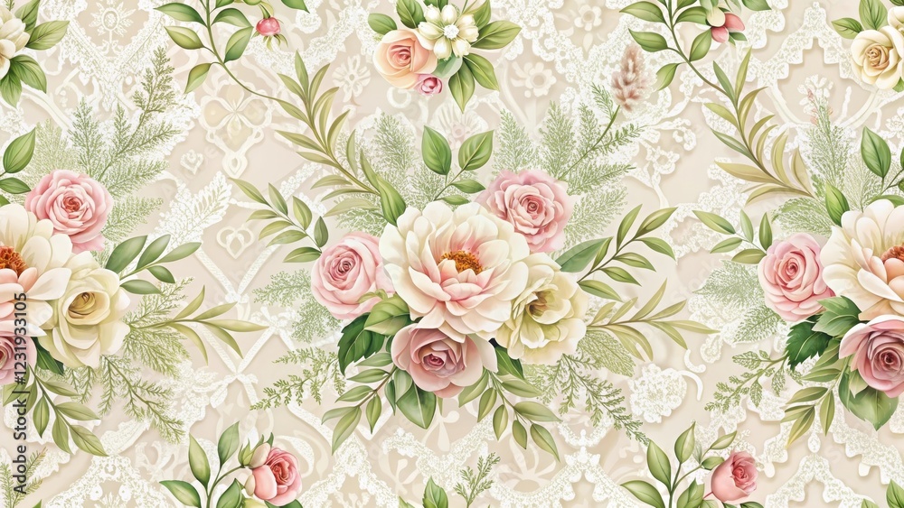 Elegant floral pattern featuring a delicate lace background and lush bouquets of roses and peonies Elegant floral pattern featuring a delicate lace background and lush bouquets of roses and peonies