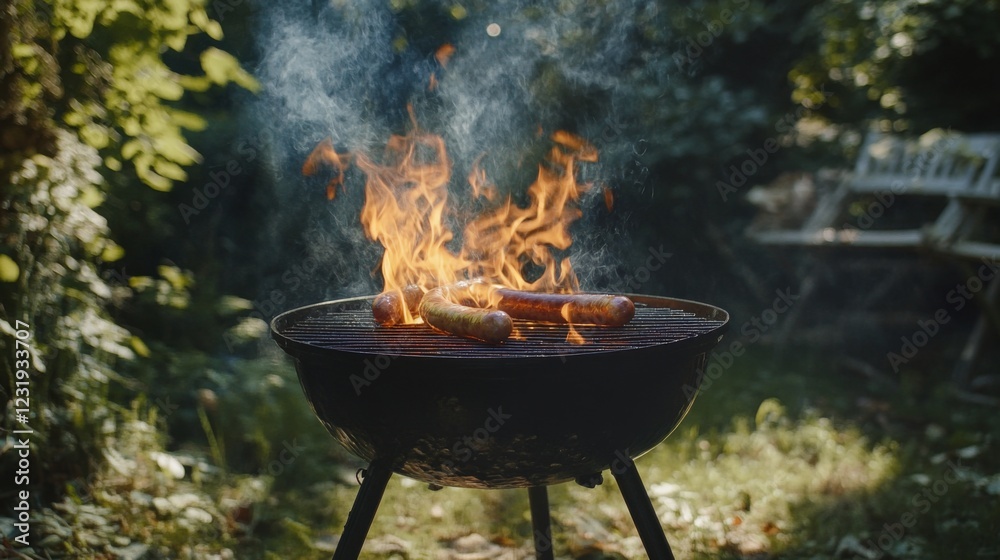 A dynamic shot of sausages sizzling on a barbecue grill, with flames and smoke adding to the mouthwatering appeal of outdoor cooking and summertime gatherings A dynamic shot of sausages sizzling on a barbecue grill, with flames and smoke adding to the mouthwatering appeal of outdoor cooking and summertime gatherings
