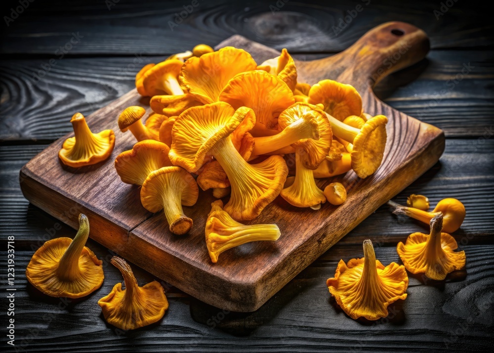 Fototapeta premium Luminous yellow chanterelles glow on rustic wood, a nocturnal edible feast.