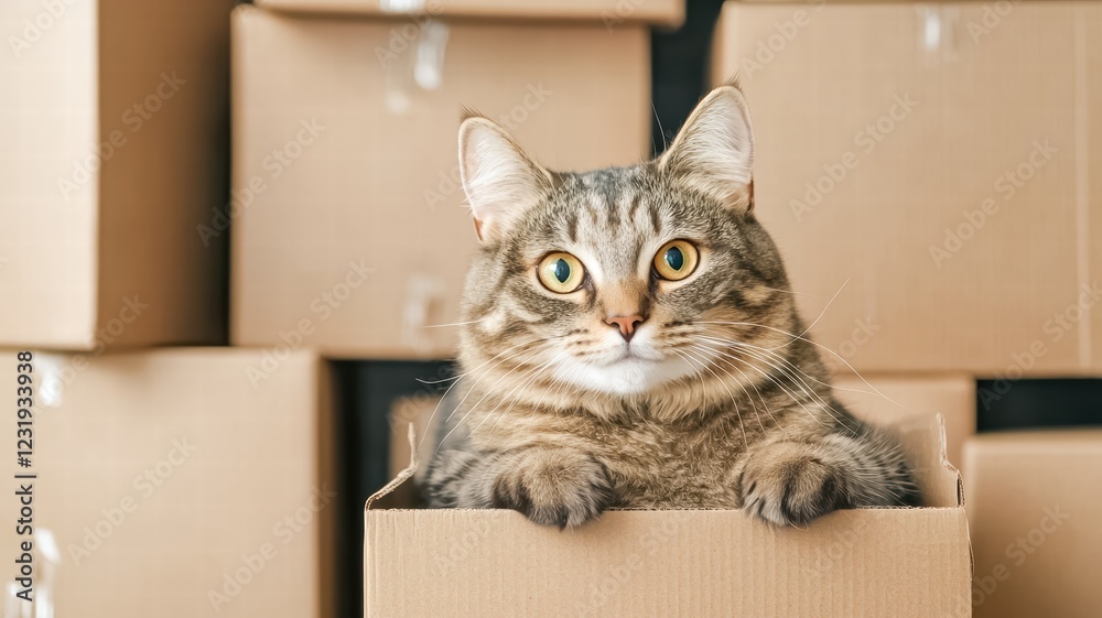 A curious cat peeks out from a cardboard box, surrounded by stacks of boxes, embodying playfulness and comfort in its cozy environment. A curious cat peeks out from a cardboard box, surrounded by stacks of boxes, embodying playfulness and comfort in its cozy environment.