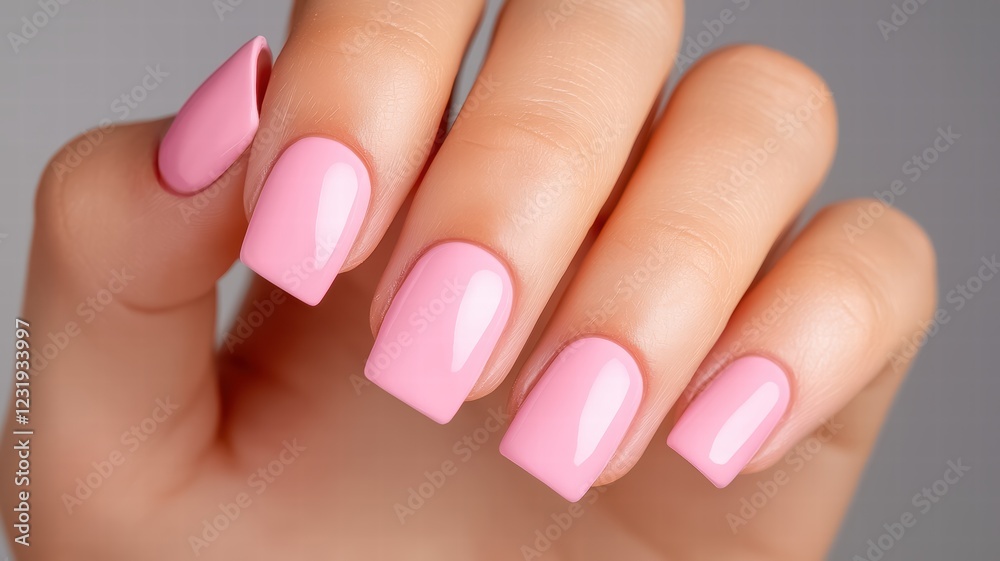 A close-up of a hand with perfectly manicured pink nails, showcasing a glossy finish and elegant shape. A close-up of a hand with perfectly manicured pink nails, showcasing a glossy finish and elegant shape.