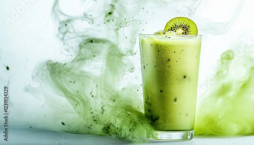 refreshing kiwi smoothie in stylish glass, surrounded by vibrant green smoke, evokes sense of vitality and health