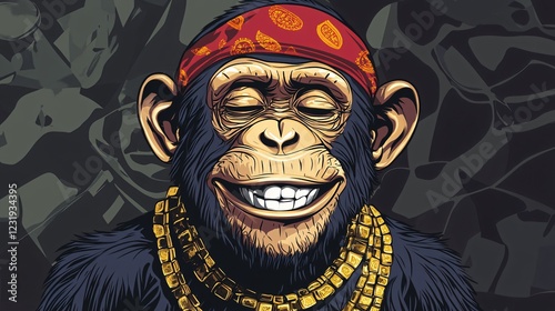 Cheerful chimpanzee with red bandana, wildlife animal portrait