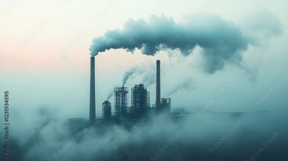 Obraz premium A striking image of a factory emitting smoke into the atmosphere, demonstrating the impact of industry on the environment in a foggy setting.