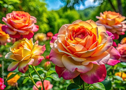 Lush summer garden blooms: Mme. Ailland and Peace hybrid tea roses showcased in stunning landscape photography. photo