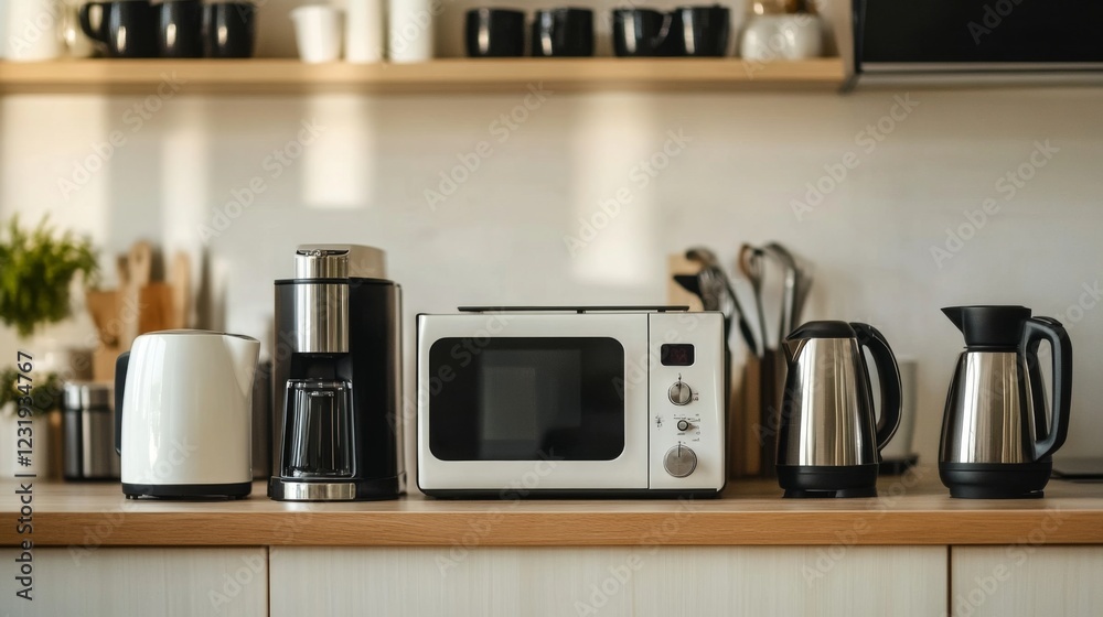 A flat lay of essential home appliances such as a toaster, kettle, and microwave, arranged neatly on a kitchen counter with a clean, minimalistic background. A flat lay of essential home appliances such as a toaster, kettle, and microwave, arranged neatly on a kitchen counter with a clean, minimalistic background.