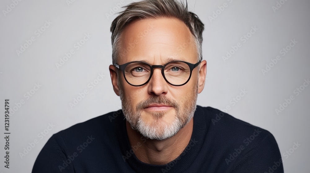 A man with a neatly trimmed beard and glasses staring intently shows his intelligence and professionalism. A man with a neatly trimmed beard and glasses staring intently shows his intelligence and professionalism.