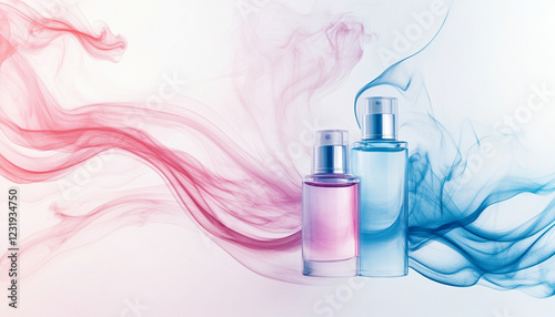 Luxurious women skincare set with elegant bottles on soft background, showcasing vibrant colors and smooth textures, perfect for enhancing beauty routines
