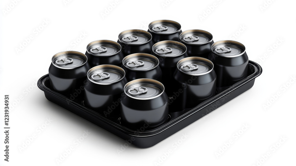 Tin cans in plastic wrap front and top view. Four soda or beer metal jars in black pack, cylinder aluminium canisters, cold drink bottles isolated on white background, Realistic 3d vector mockup Tin cans in plastic wrap front and top view. Four soda or beer metal jars in black pack, cylinder aluminium canisters, cold drink bottles isolated on white background, Realistic 3d vector mockup