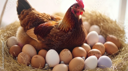 A chicken perched on top of a pile of eggs, great for farm or rural themed projects photo