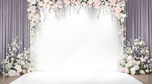 Elegant wedding stage with a floral archway in soft pastel hues against a draped backdrop. Romantic and sophisticated, perfect for wedding ceremonies or event decor.  Ample copy space in the center.

