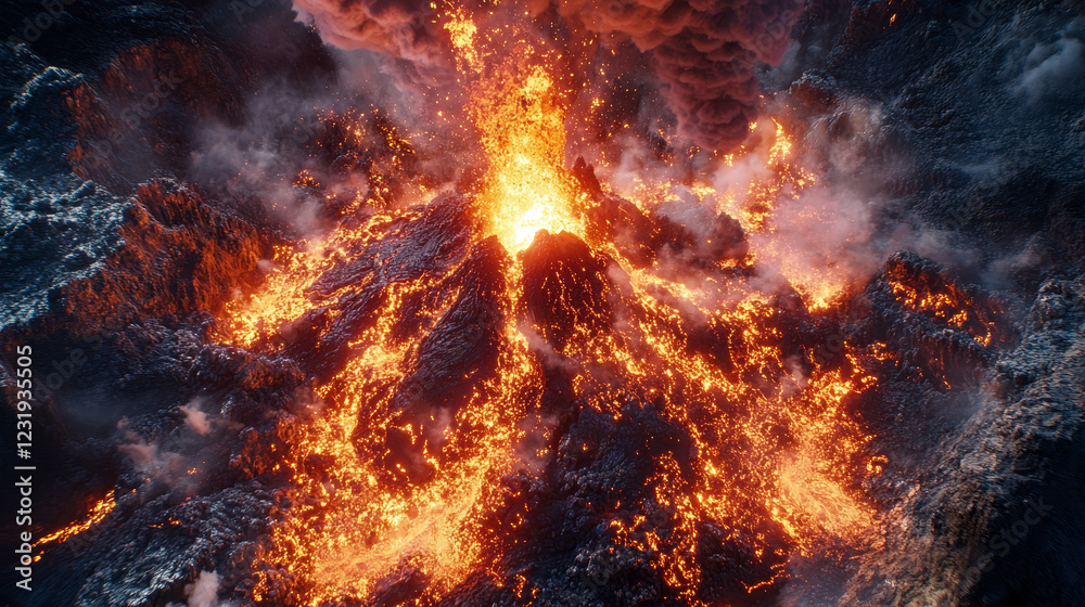 Fototapeta premium Volcanic eruption with lava, fire and smoke