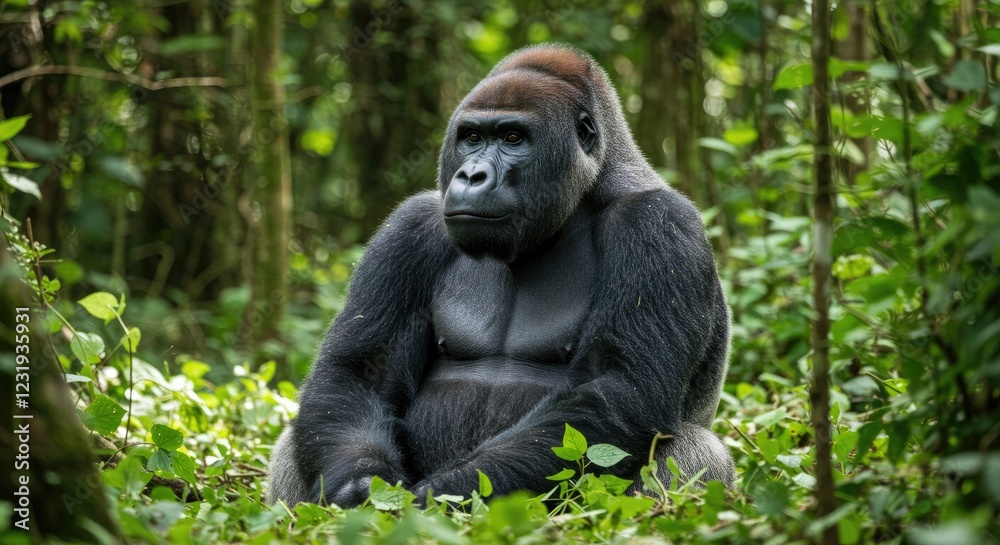 a critically endangered Cross River gorilla sitting in a lush green forest.a critically endangered Cross River gorilla sitting in a lush green forest. a critically endangered Cross River gorilla sitting in a lush green forest.a critically endangered Cross River gorilla sitting in a lush green forest.