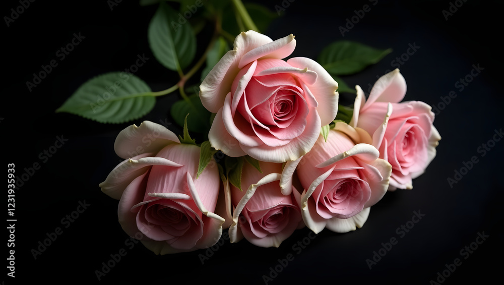 Naklejka premium A graceful bouquet of soft pink roses, their petals delicately layered and fresh with dew, surrounded by tender green leaves, placed on a dark black background
