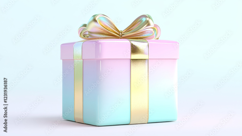 3D render gift box with golden ribbon. Isolated closed package with pastel glossy bow on white background. Holiday surprise, present for birthday, christmas, wedding, Realistic. 3D Illustration 3D render gift box with golden ribbon. Isolated closed package with pastel glossy bow on white background. Holiday surprise, present for birthday, christmas, wedding, Realistic. 3D Illustration