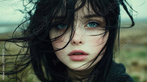Close-Up Portrait of a Young Woman with Windblown Hair and Blue Eyes