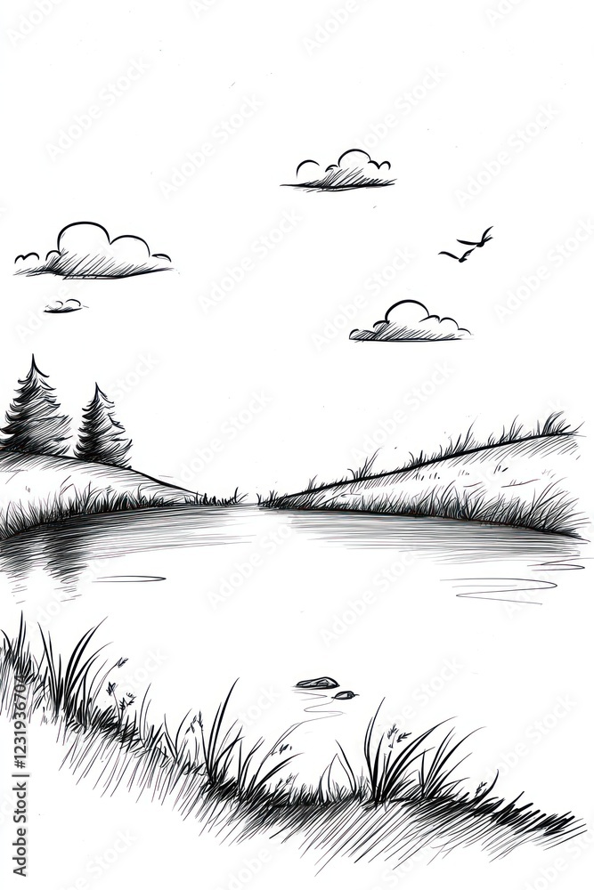 Obraz premium Hand-drawn sketch of a serene lake landscape with two trees, rolling hills, and clouds in the sky.
