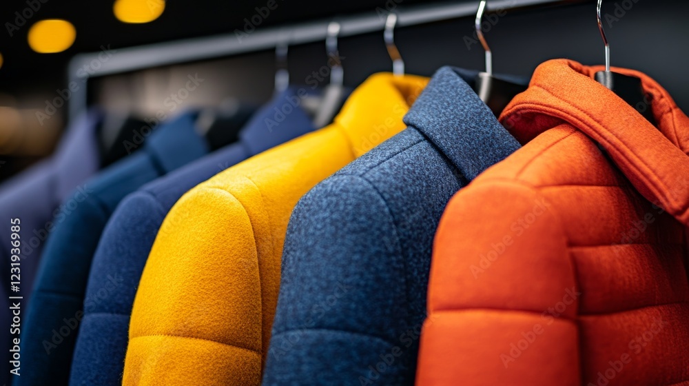 Fototapeta premium Coats and jackets neatly hung in a well-lit coat closet, highlighting the orderliness, fashion and seasonal wardrobe essentials.