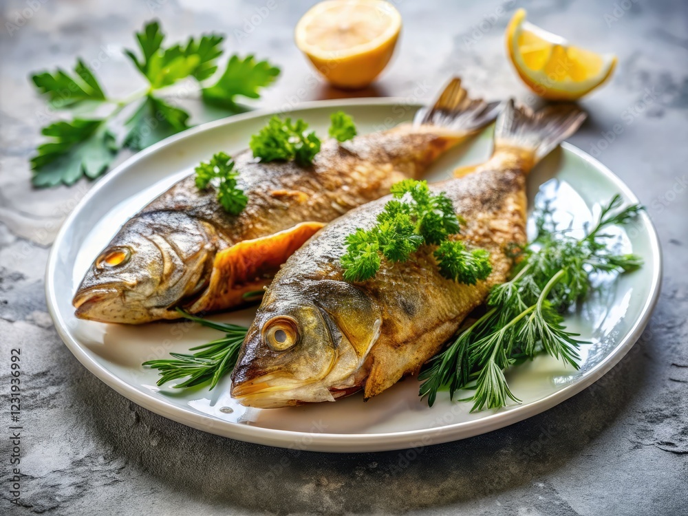 Minimalist Fried Fish Herb Garnish, Simple Seafood Dish, Fresh Herbs Fried Fish Recipe, Delicious Fried Fish Minimalist Fried Fish Herb Garnish, Simple Seafood Dish, Fresh Herbs Fried Fish Recipe, Delicious Fried Fish