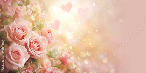 beautiful pink roses and hearts glittering background