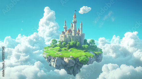 Fantasy background with magic castle on island floating in sky. Game landscape with flying islands with medieval fortress, green grass and clouds, vector cartoon illustration photo