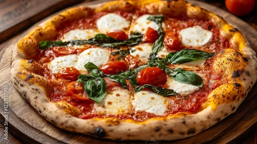 A high-angle view of a traditional Italian pizza with a crispy crust, topped with mozzarella, basil, and ripe tomatoes, served on a wooden pizza board.
