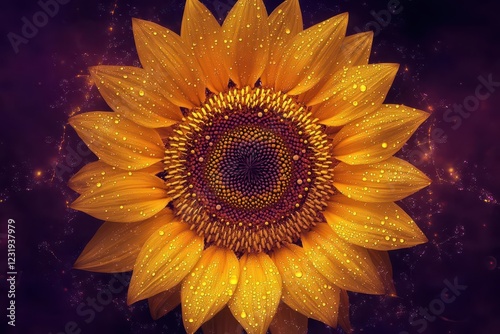 a kaleidoscopic sunflower mandala with golden petals radiating from center, intricate spiral patterns, deep purple background, ethereal lighting and dewdrops creating crystalline sparkle