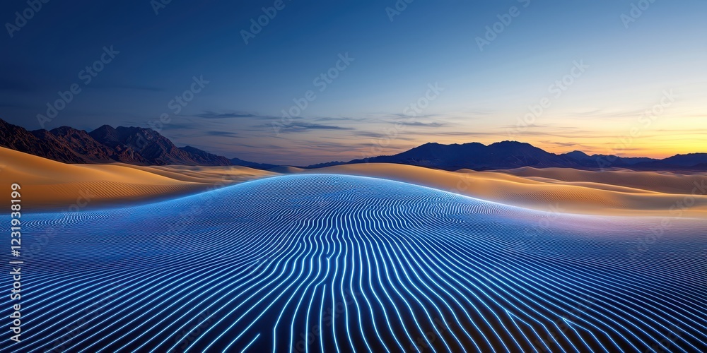 Naklejka premium Illuminating desert waves sand dunes digital art twilight aesthetic perspective technology in nature