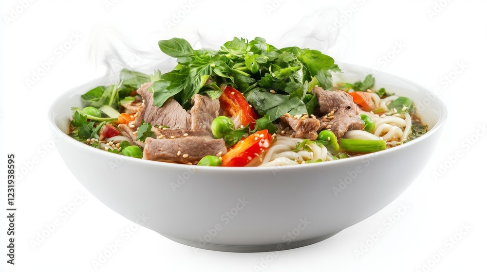 A high-resolution image of a bowl of steaming noodles with fresh vegetables, herbs, and slices of meat, set against a clean, white background to highlight the dishs vibrant colors. A high-resolution image of a bowl of steaming noodles with fresh vegetables, herbs, and slices of meat, set against a clean, white background to highlight the dishs vibrant colors.