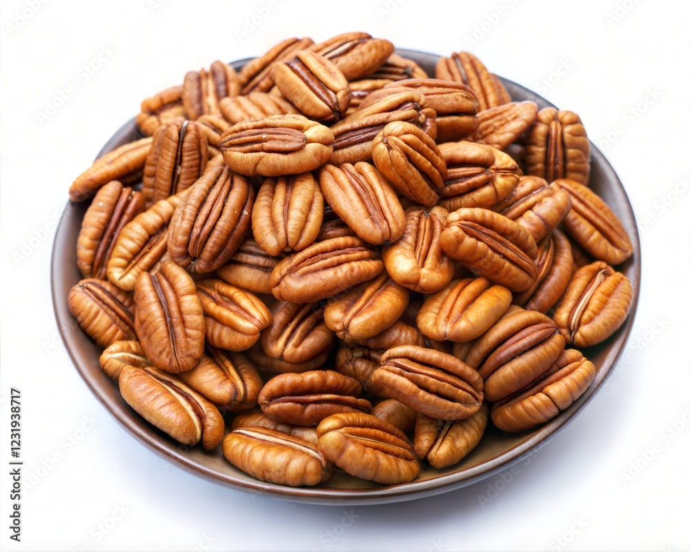 Pecans nut on plate on white Pecans nut on plate on white