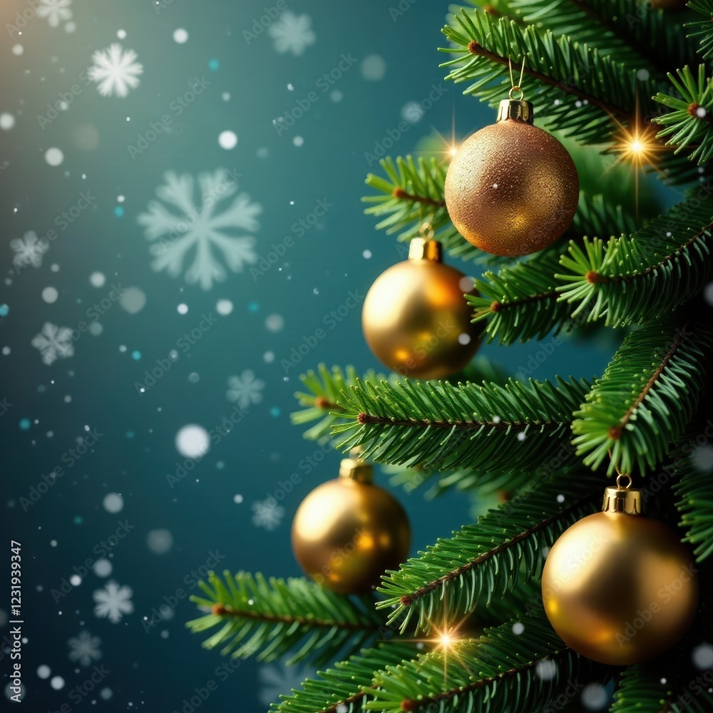 Sparkling golden ornaments adorn a lush evergreen Christmas tree, Winter, Snowflakes, Evergreen Sparkling golden ornaments adorn a lush evergreen Christmas tree, Winter, Snowflakes, Evergreen