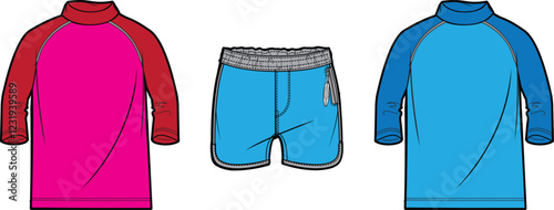 Kids Rash Guard Set- Long Sleeve Shirt and Swim Shorts Design Template