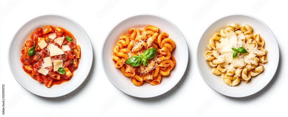 Three plates of pasta with different sauces and cheese. Three plates of pasta with different sauces and cheese.