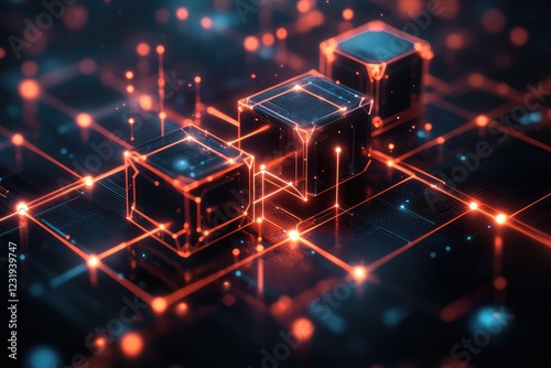 Abstract blockchain network with interconnected cubes floating in a digital matrix.