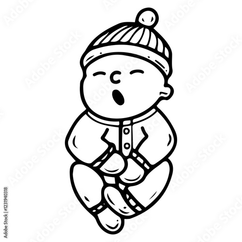 Newborn baby yawns in sleep. Hand drawn doodle. Little child in cotton clothes. Overalls, hat. Cute person. Vector line art illustration.