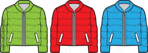 Three Color Puffer Jacket Fashion Design Flat Sketch