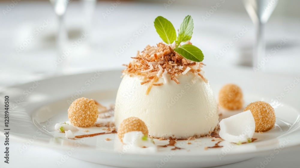 A high-resolution image of a tropical coconut dessert, such as coconut panna cotta or coconut macaroons, beautifully plated and garnished, set against a clean background.
