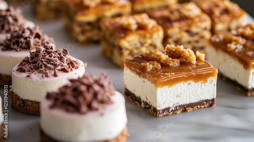 A close-up of various desserts on a table, ideal for food and hospitality use