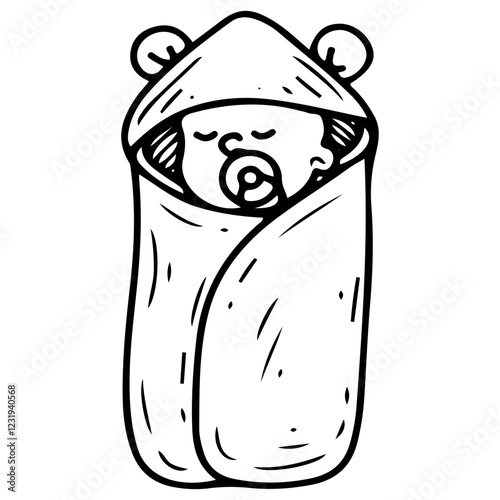 Cute baby wrapped in towel after bath. Hand drawn doodle. Little child with pacifier. Cotton hooded swaddle with bear ears. Newborn human. Vector line art illustration.