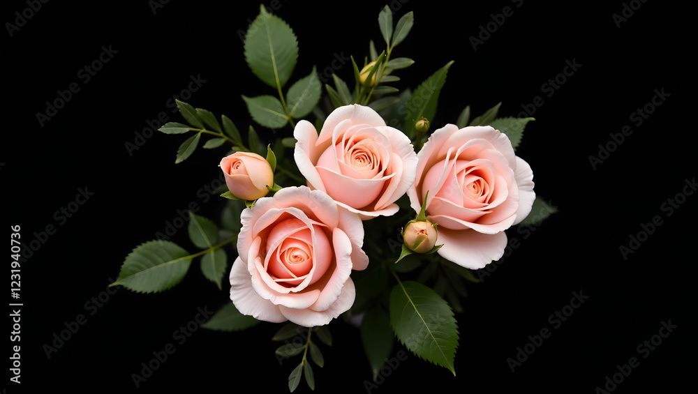 A charming pastel pink rose bouquet with vibrant green sprigs, glowing softly against a deep black backdrop. A charming pastel pink rose bouquet with vibrant green sprigs, glowing softly against a deep black backdrop.