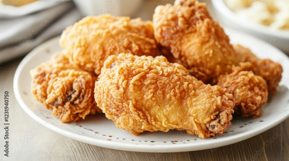 A high-resolution image of crispy, golden-brown fried chicken pieces arranged neatly on a white plate, with a focus on the crunchy texture and delicious appearance. A high-resolution image of crispy, golden-brown fried chicken pieces arranged neatly on a white plate, with a focus on the crunchy texture and delicious appearance.