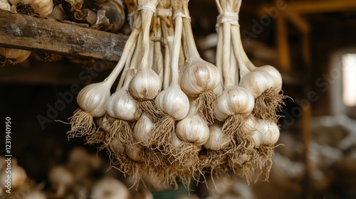 A high-resolution image of garlic bulbs hanging in a bunch, with their roots and stems still attached, drying in a rustic kitchen or storage area. photo