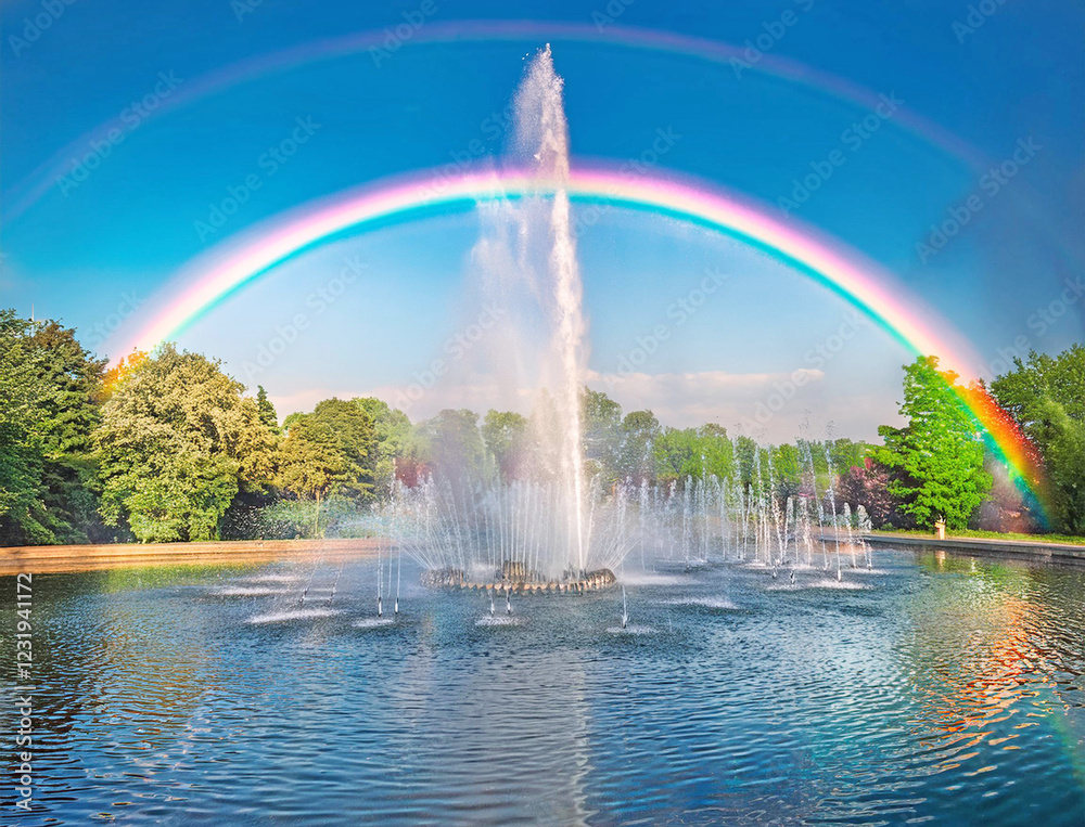 Fototapeta premium 虹が見える噴水のある公園