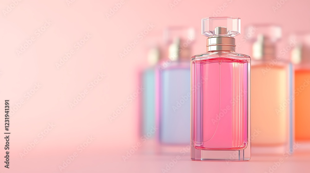 Elegant Display of Diverse Perfume Bottles in Soft Pink Background Elegant Display of Diverse Perfume Bottles in Soft Pink Background