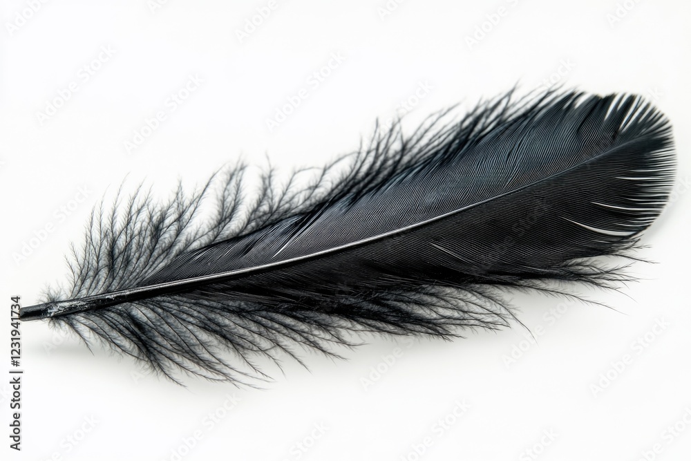 A single black feather lies on a clean white background A single black feather lies on a clean white background