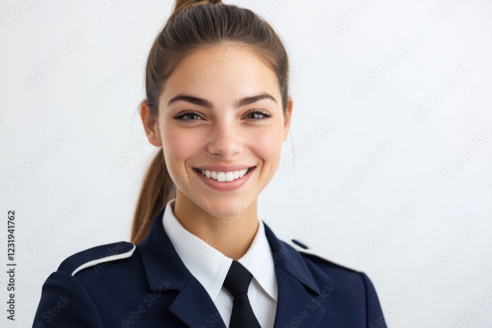 A woman wearing a uniform smiles directly at the camera, conveying confidence and friendliness A woman wearing a uniform smiles directly at the camera, conveying confidence and friendliness