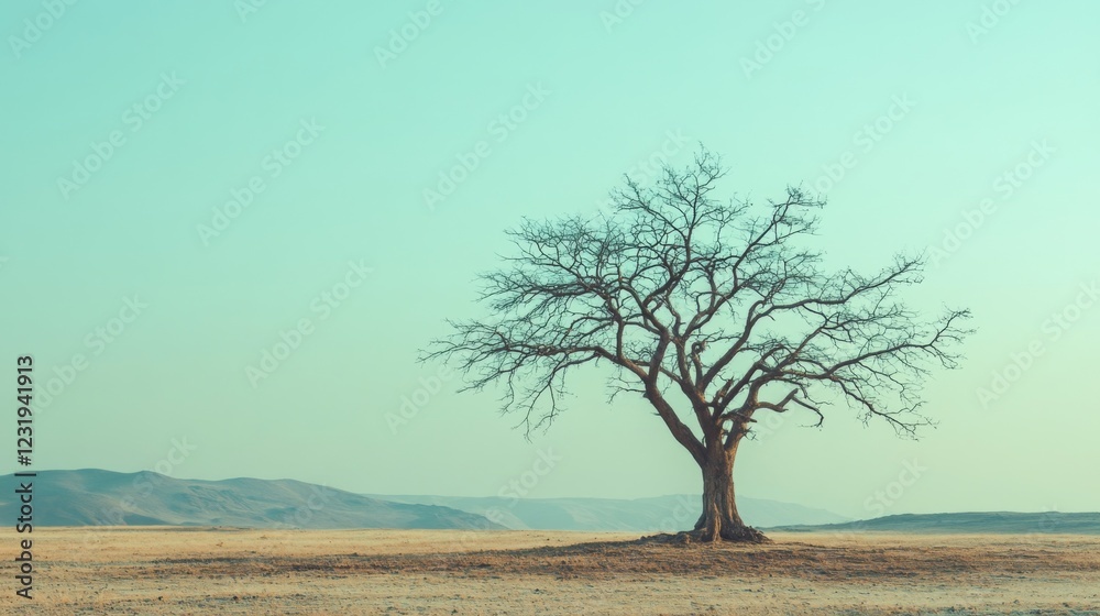 A lone, withered tree standing in a barren desert landscape with no vegetation, the sky a pale blue, symbolizing the effects of climate change on ecosystems
