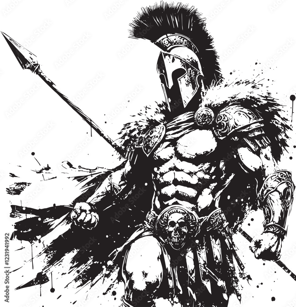 Spartan warrior mask weapons spear and helmet Splash in action Artwork vector editable logo for Wall Sticker decore t-shirt mug poster design and multipurpose use in high definition format